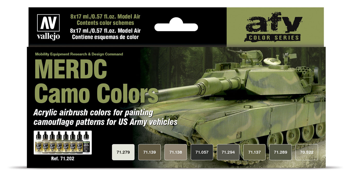 Vallejo MERDC Camo Colors acrylic paint set for US Army vehicles and includes 8 bottles, color swatches and a camouflage tank image