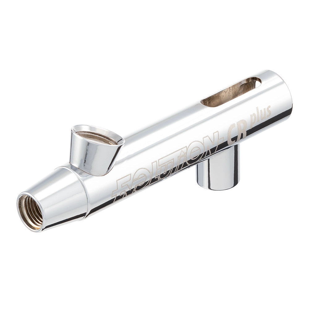 A shiny chrome airbrush body featuring a side cup mount, a top opening, and a threaded front nozzle connection