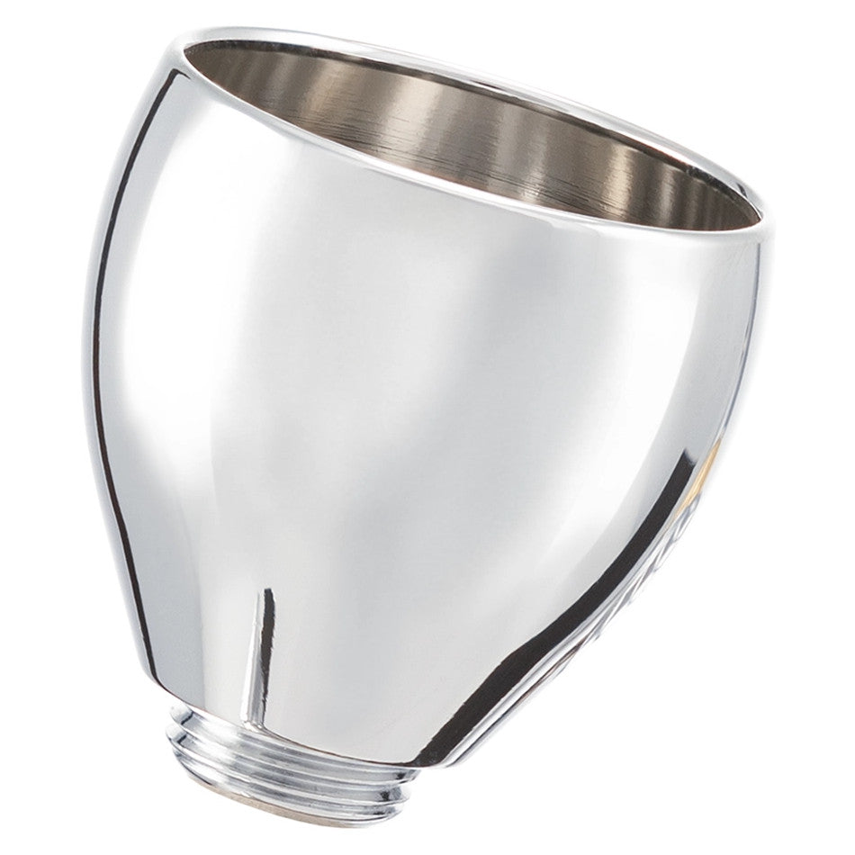 A polished chrome shower head component with a slanted top opening and a threaded base.