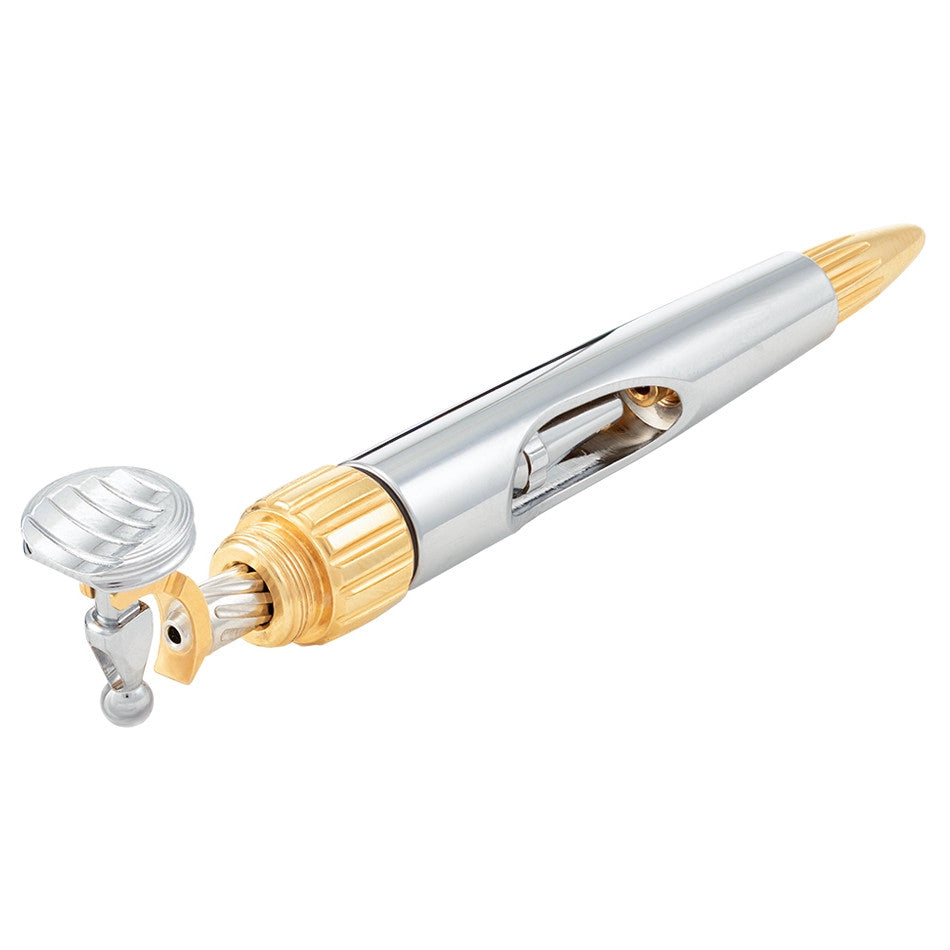 A chrome and gold airbrush complete back end including a trigger, featuring a ribbed gold section, a silver knob, and a pointed gold tip