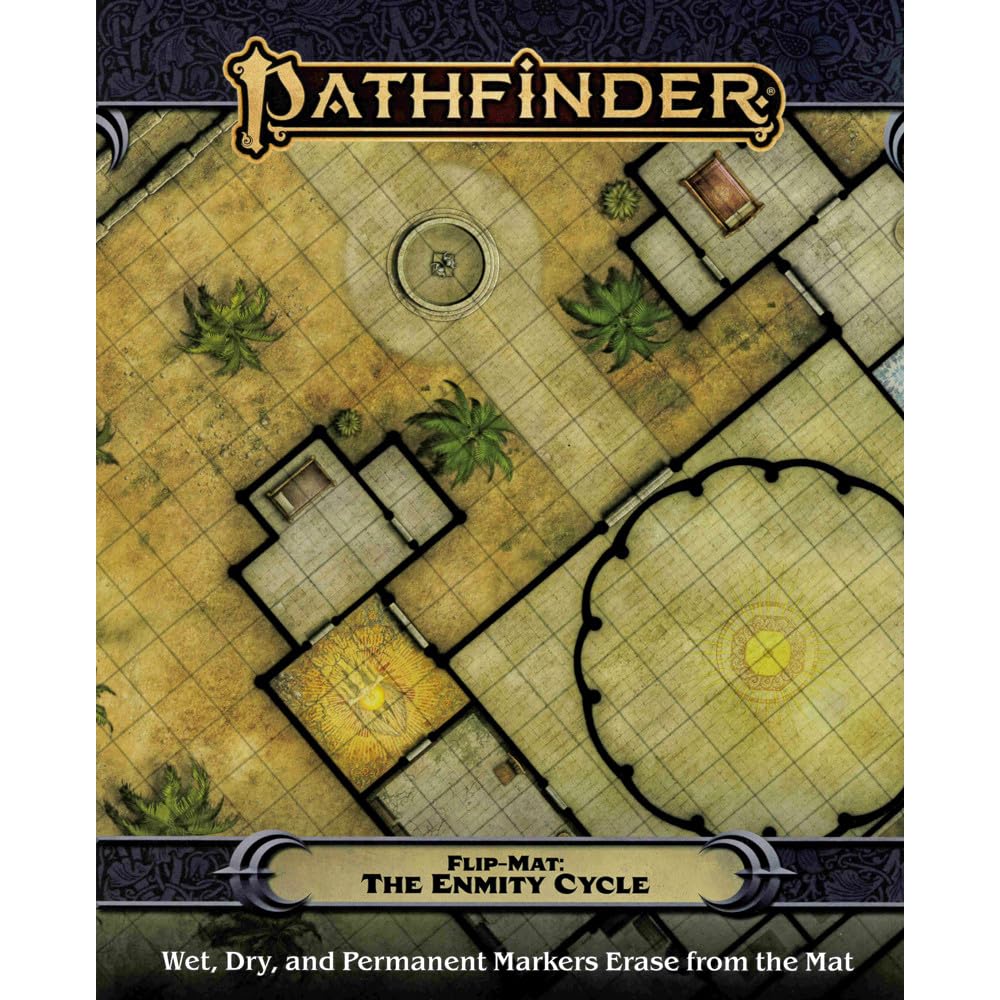 Pathfinder Flip-Mat: The Enmity Cycle. Overhead RPG map of buildings, courtyards, and plants. Erasable for markers.