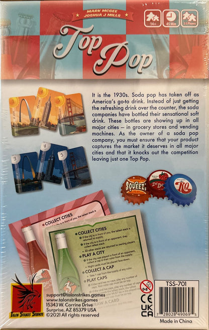 Back of the box displaying game overview, components, and a sample layout with soda-themed visuals