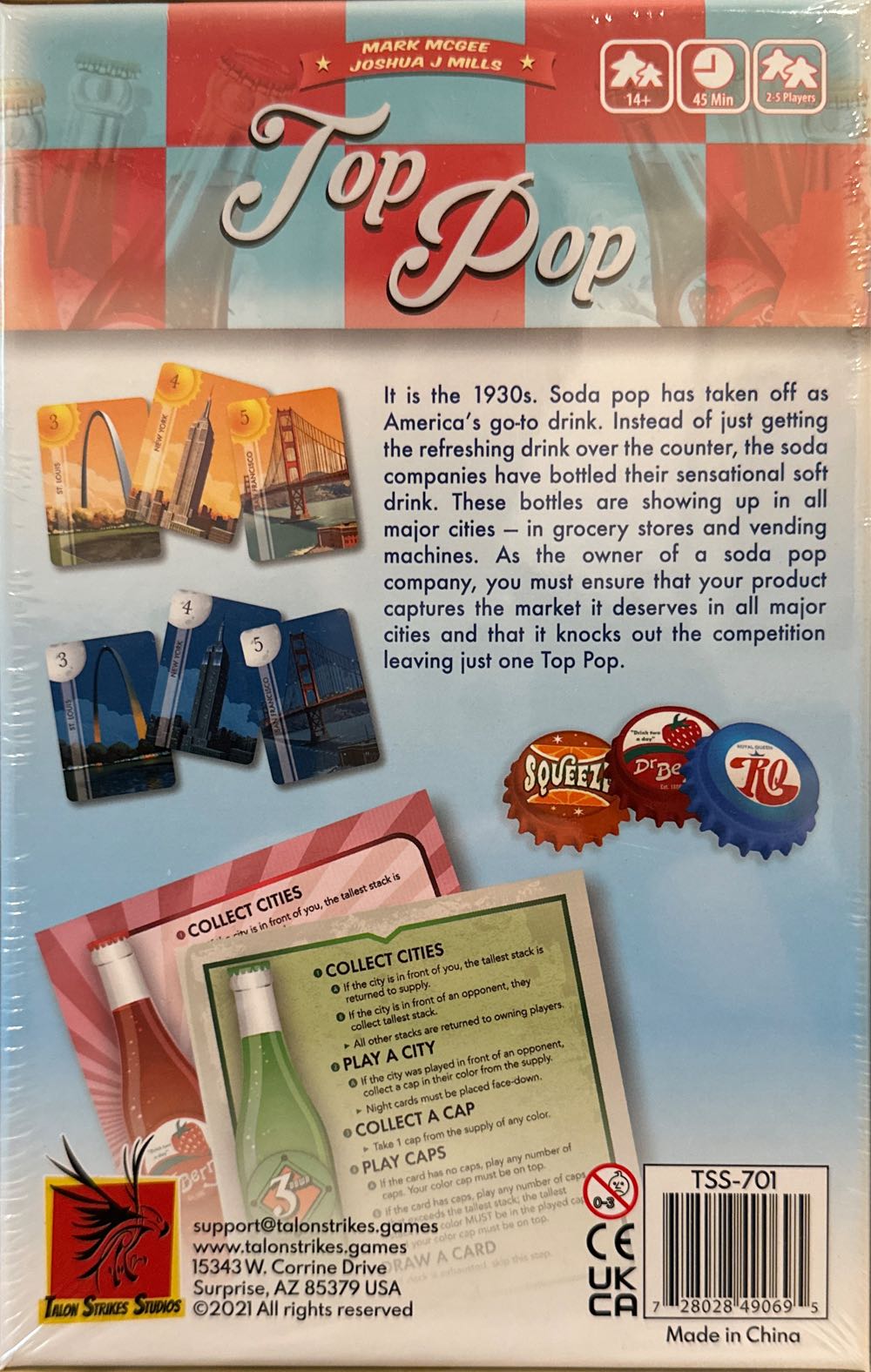 Back of the box displaying game overview, components, and a sample layout with soda-themed visuals