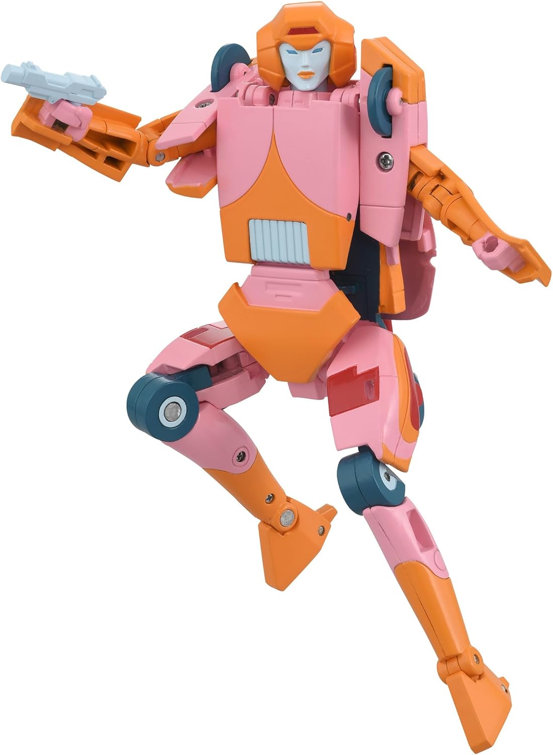 Pink and orange Arcee figure posing dynamically and holding a blaster