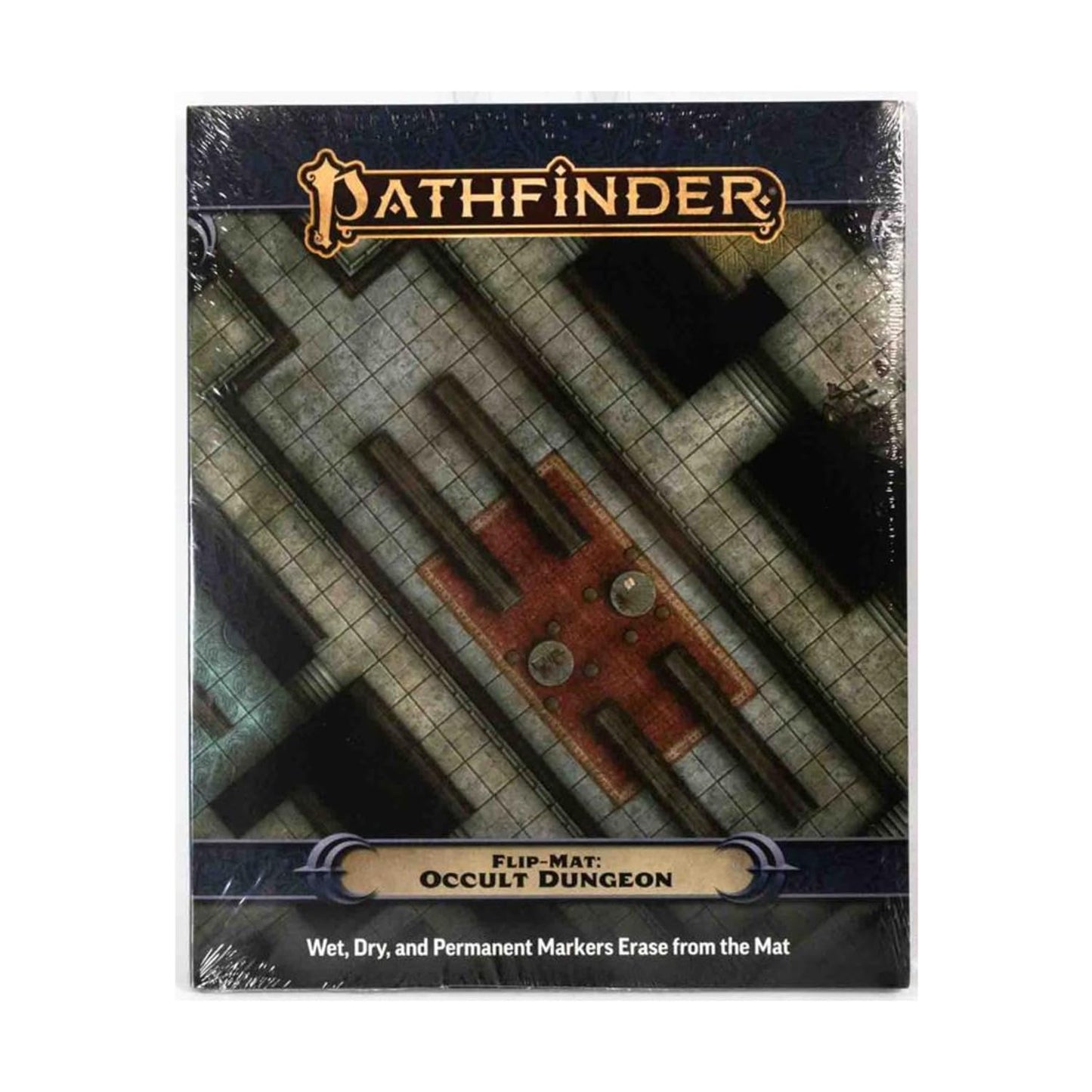 Pathfinder Flip-Mat: Occult Dungeon, a shrink-wrapped wipeable grid map with a central occult design