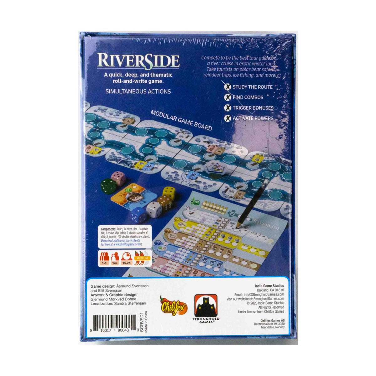 Components of Riverside game displayed, including dice, player sheets, and map boards