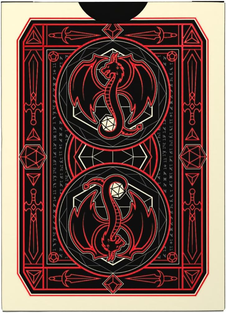 Stylized black and red playing card back with a mirrored design of a winged dragon coiling around a D20 die