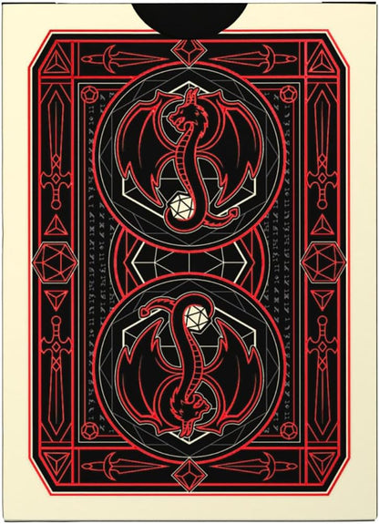 Stylized black and red playing card back with a mirrored design of a winged dragon coiling around a D20 die