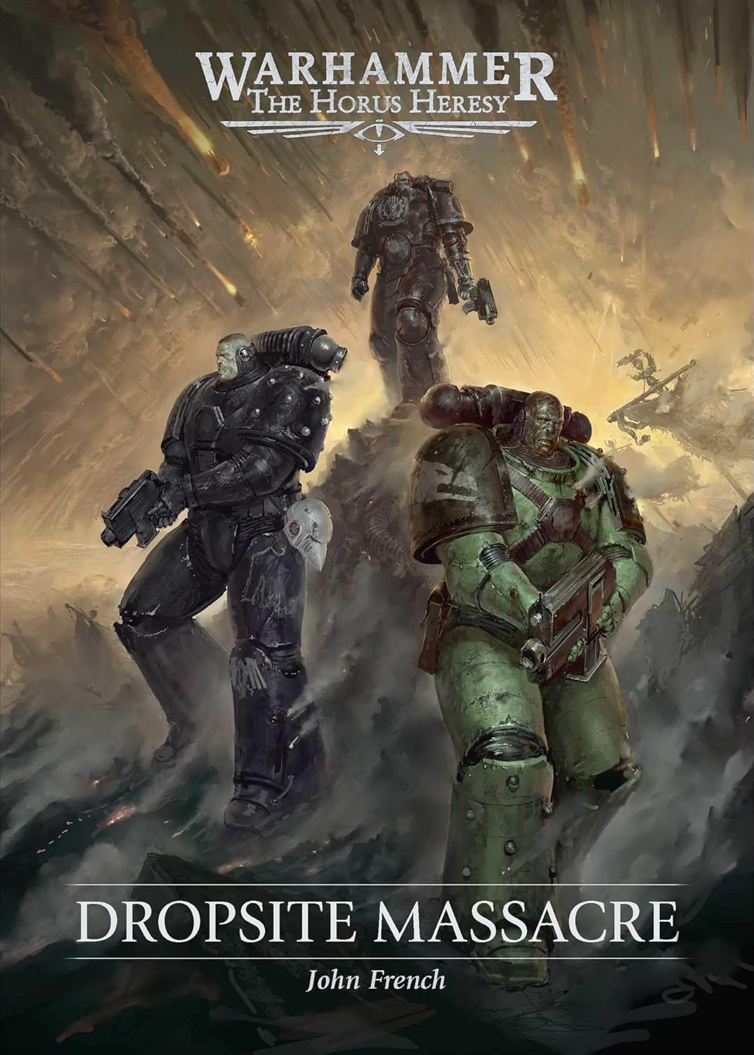 Three unhelmeted Space Marines (two black, one green) on a smoky battlefield with fiery debris falling