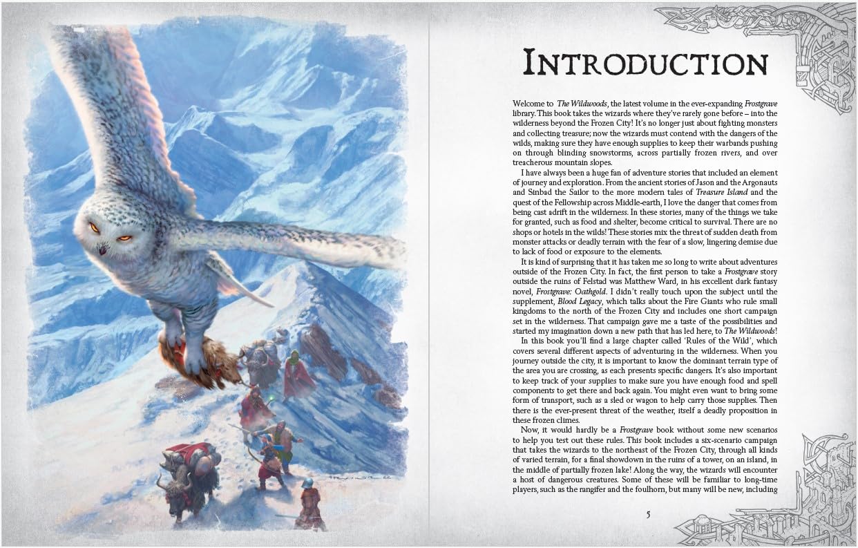 Osprey Frostgrave The Wildwoods book cover with snowy owl flying over group of adventurers in winter landscape