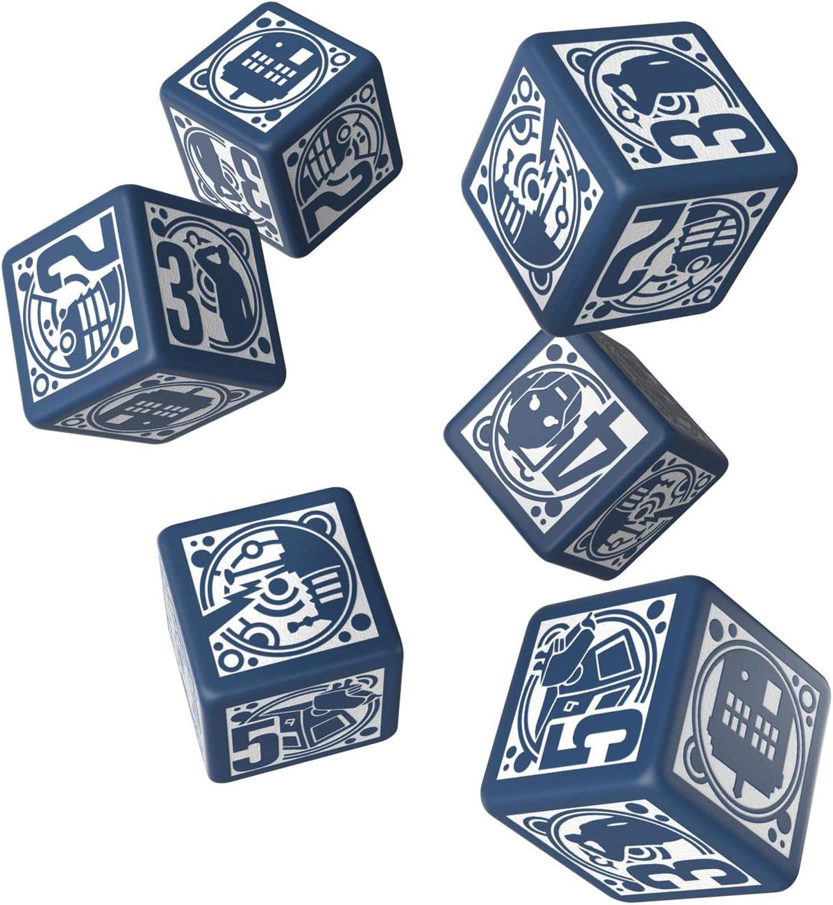 Six blue dice with white sci-fi themed symbols and numbers 1-6 floating on a white background