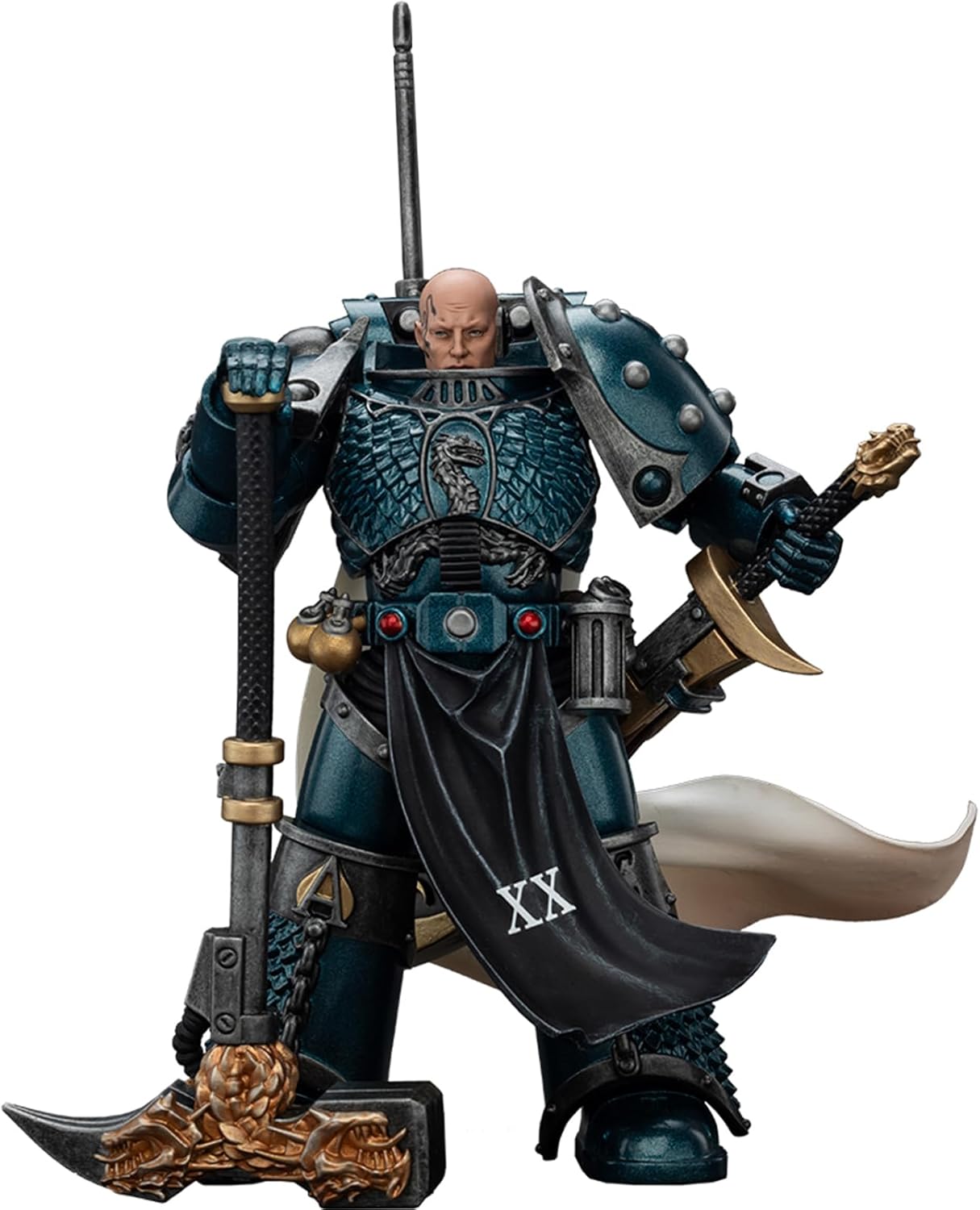 Bald Space Marine in dark teal scaled power armor holds a golden spear and sword. A black tabard reads 'XX'