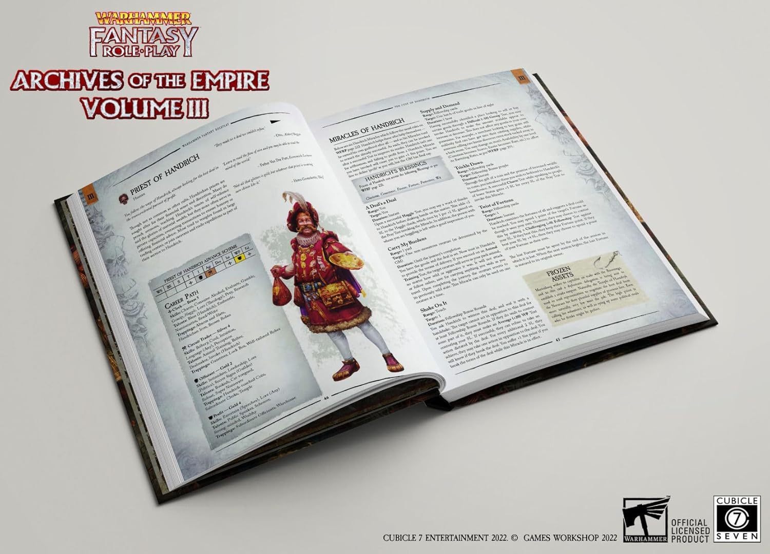 Open Warhammer Fantasy Roleplay rulebook, showing pages with an ornate priest in red and gold, holding coins and fruit, alongside game text