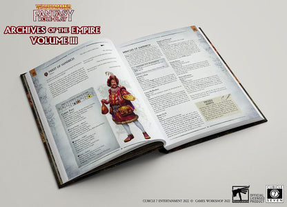 Open Warhammer Fantasy Roleplay rulebook, showing pages with an ornate priest in red and gold, holding coins and fruit, alongside game text