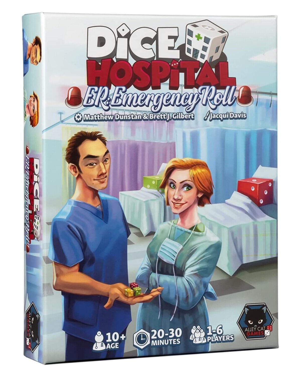 Game box featuring two doctors holding colorful dice for 1-6 players ages, 10 20-30 minutes gameplay