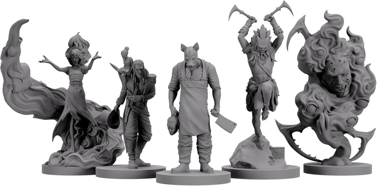 Five detailed unpainted gray fantasy miniatures: a sorceress, a general with a figure, a pig-masked butcher, a warrior, and a grotesque monster