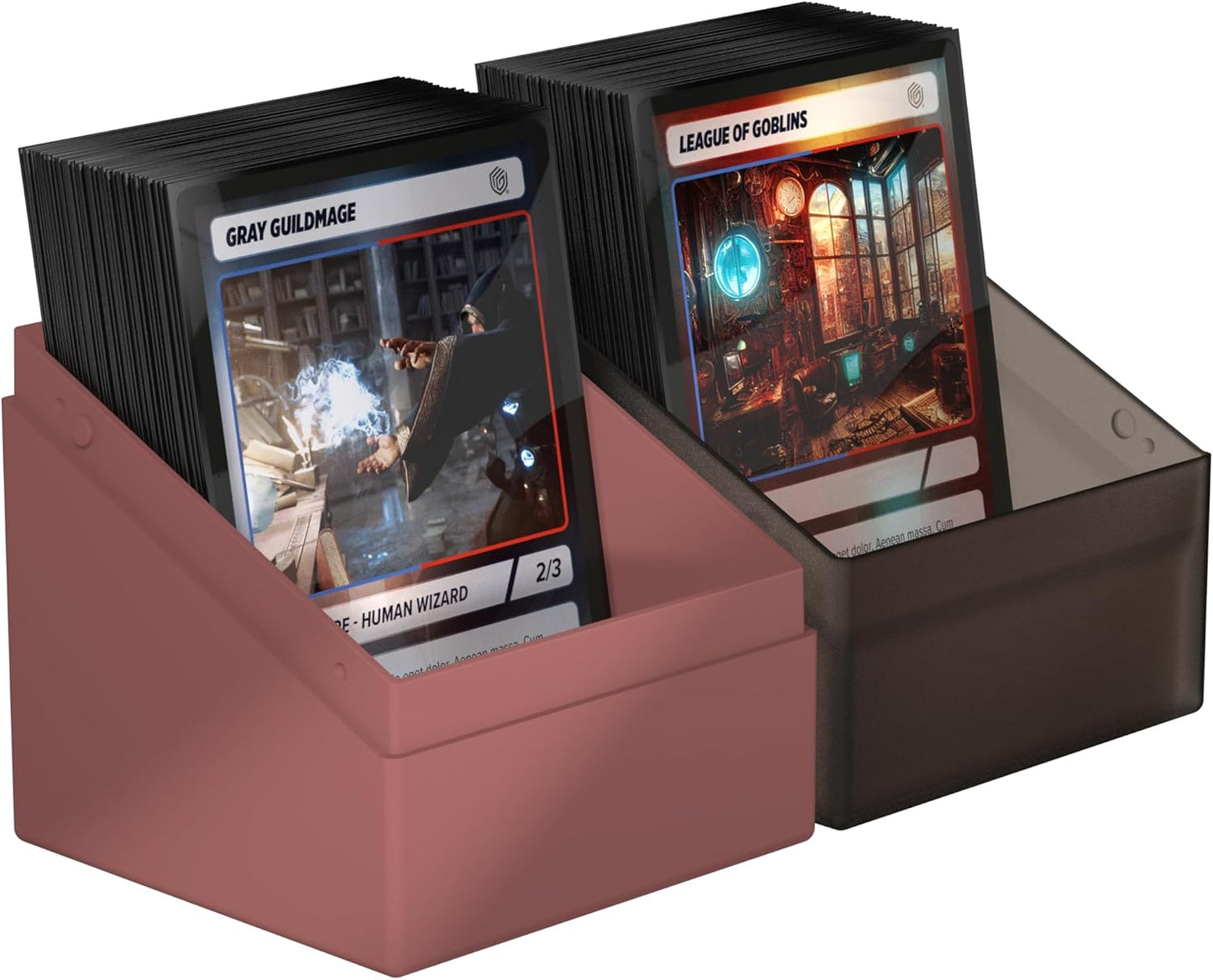 Two deck boxes containing fantasy trading cards, featuring "Gray Guildmage" and "League of Goblins"