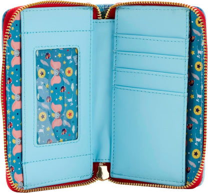 Open light blue zip-around wallet with red trim, card slots, and patterned lining