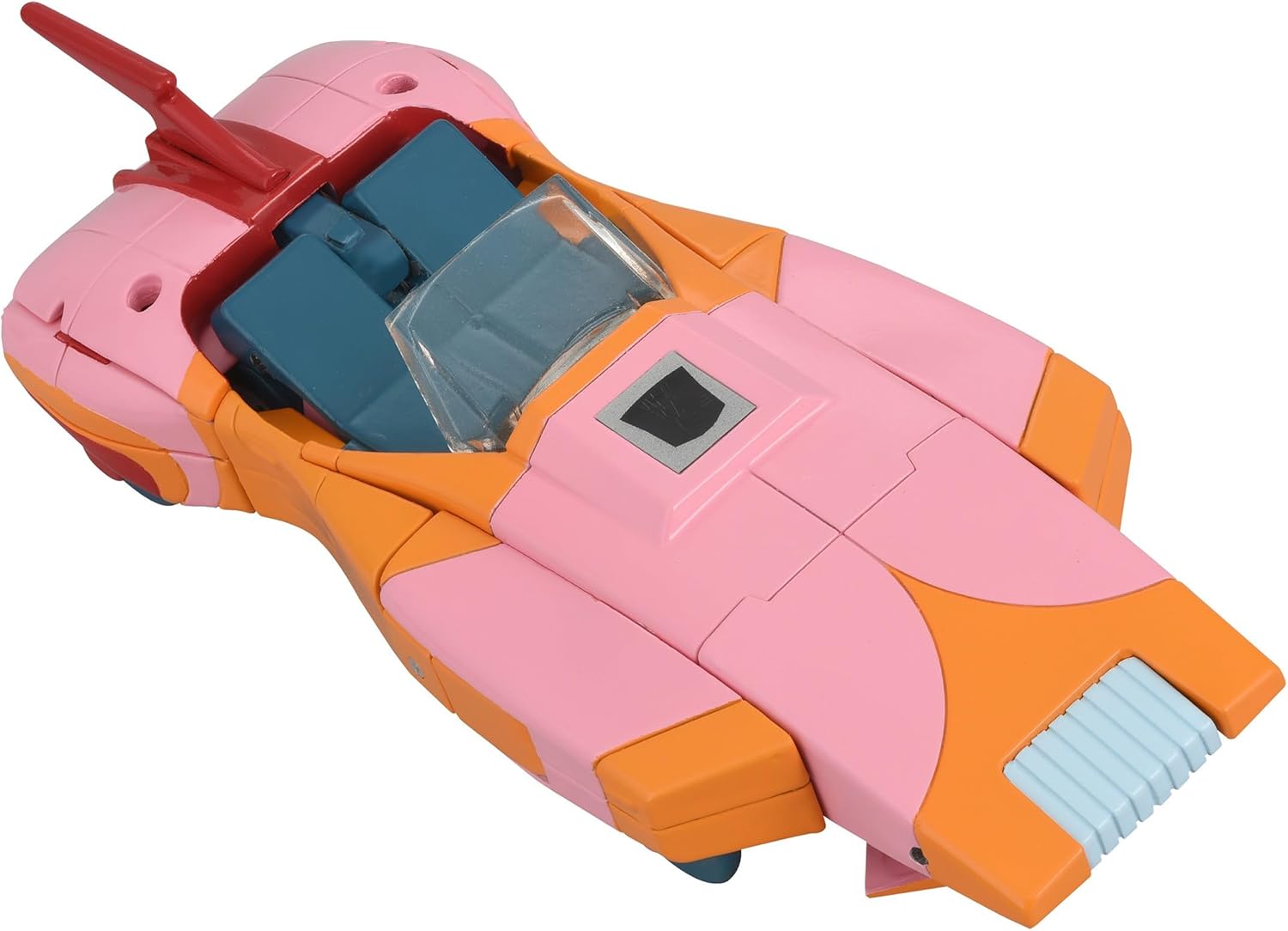 Pink and orange futuristic toy vehicle with a clear cockpit, blue seats, and red rear fin