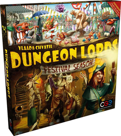 Box art for Dungeon Lords: Festival Season. Monsters celebrate at a vibrant festival above, while wary heroes explore a dungeon below