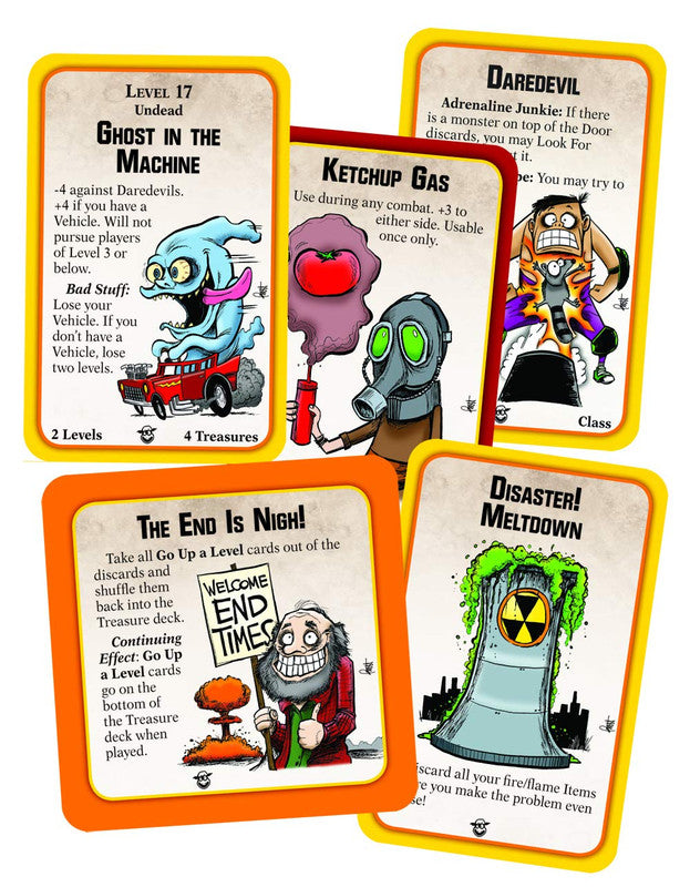 Five humorous game cards, including a ghost in a hot rod, a person in a gas mask, and a nuclear meltdown