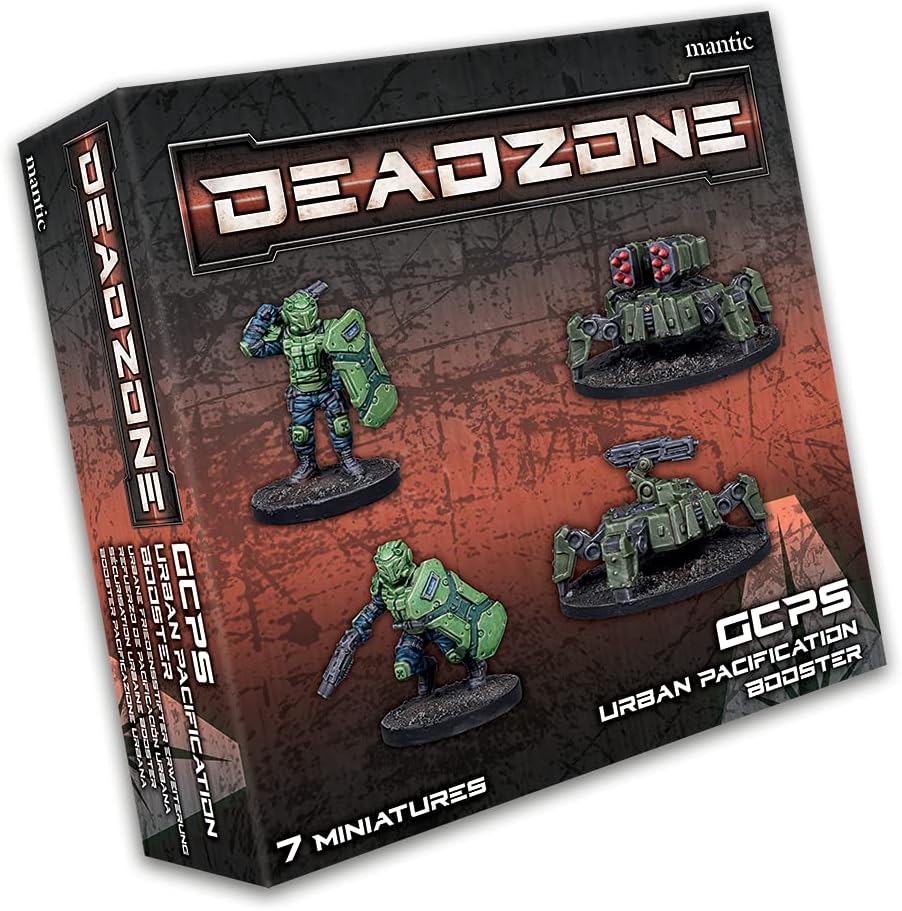 Deadzone GCPS Urban Pacification Booster box, showing 4 green sci-fi miniatures: armored soldiers and spider robots