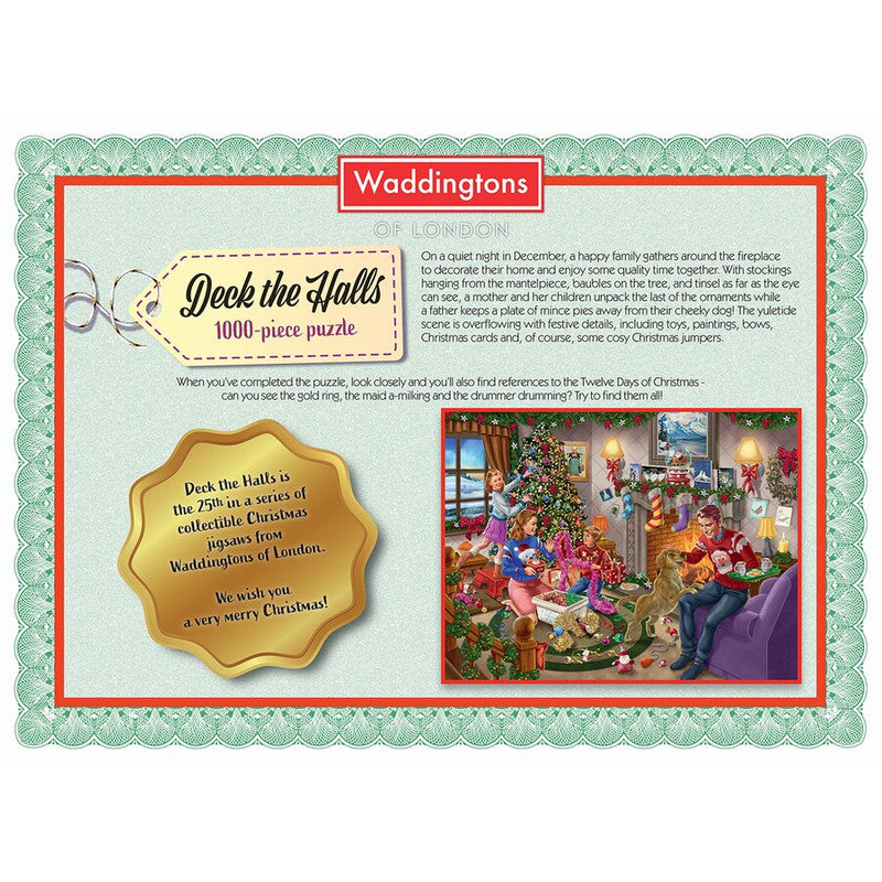Waddingtons &#39;Deck the Halls&#39; 1000-piece Christmas puzzle advertisement, showing a family decorating a festive tree