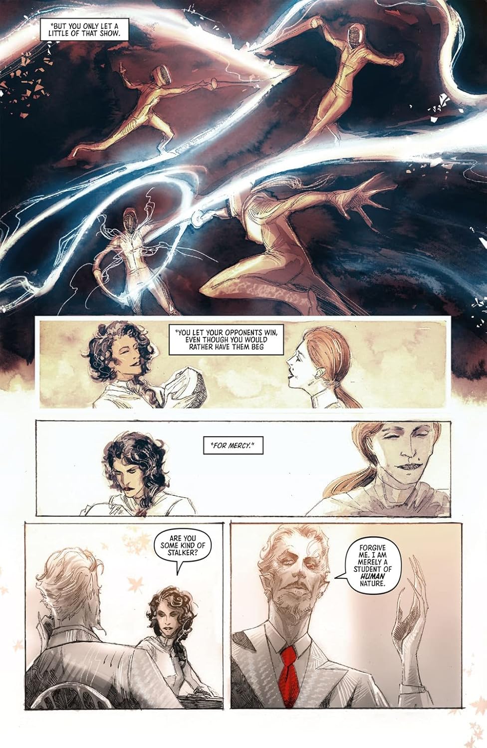 Comic page showing a top panel of four masked figures dueling with glowing energy trails -  above three panels of characters talking