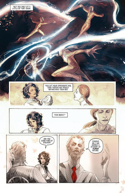 Comic page showing a top panel of four masked figures dueling with glowing energy trails -  above three panels of characters talking