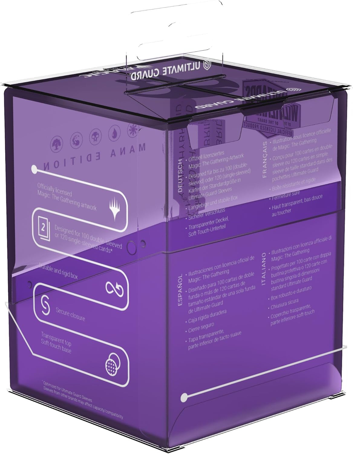 Translucent purple Ultimate Guard deck box designed for Magic: The Gathering cards, featuring descriptive text