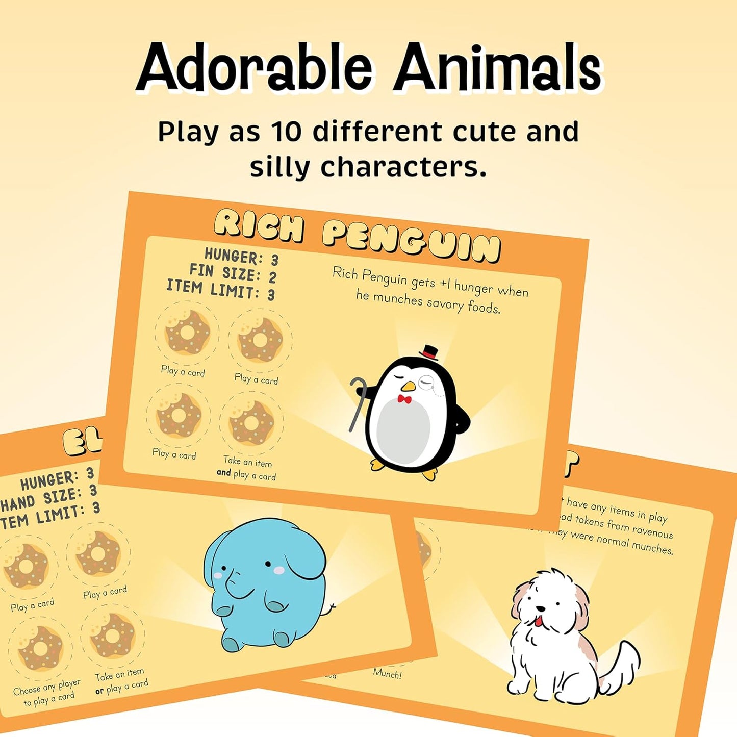 Adorable animals game cards featuring a penguin in a top hat a blue elephant and a white dog character