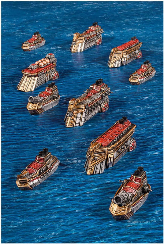 Painted Armada Dwarf ships with metallic and industrial-style finishes