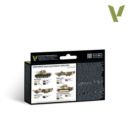 Back of a Vallejo paint set box, showing WWII USMC military vehicles with sand patterns and color swatches