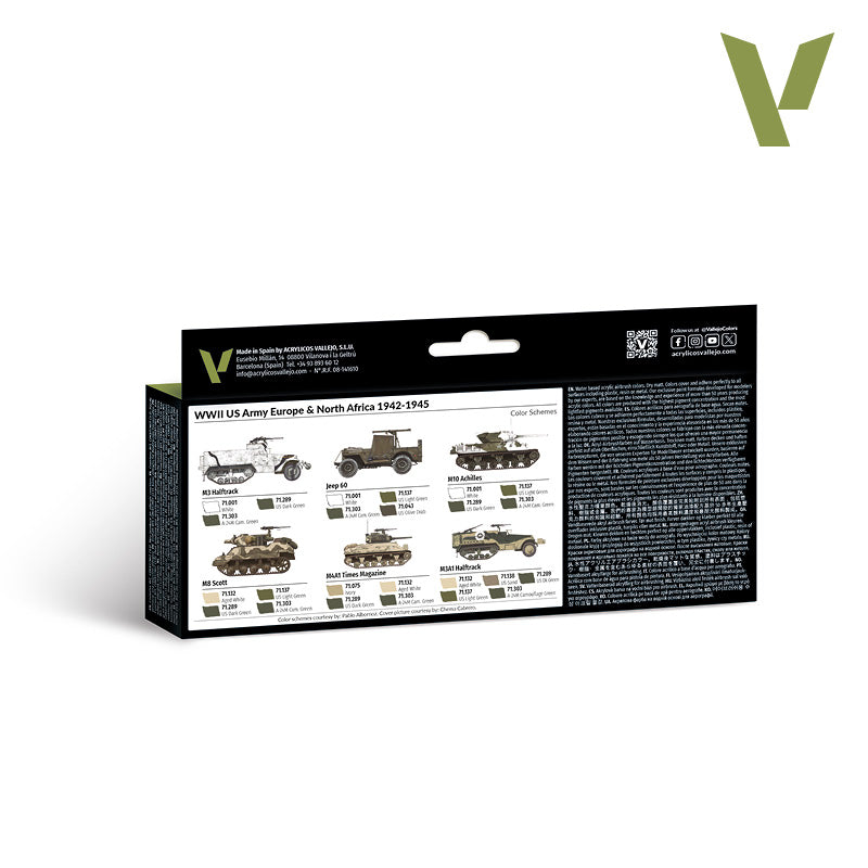 Back of a model paint box displaying WWII US Army vehicle models and their color schemes