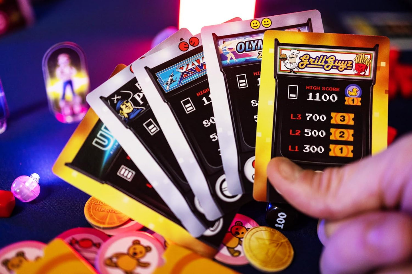 Game in play showing tokens and player boards