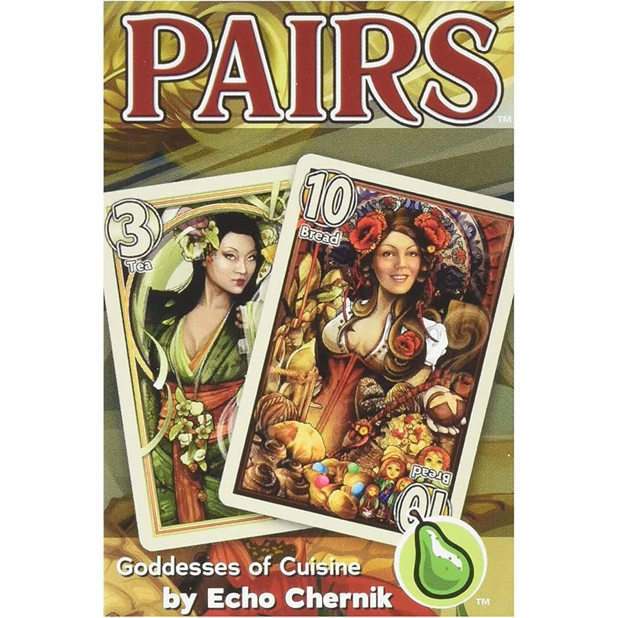 PAIRS card game cover, 'Goddesses of Cuisine' edition. Two cards feature illustrated women: '3 Tea' and '10 Bread' with food