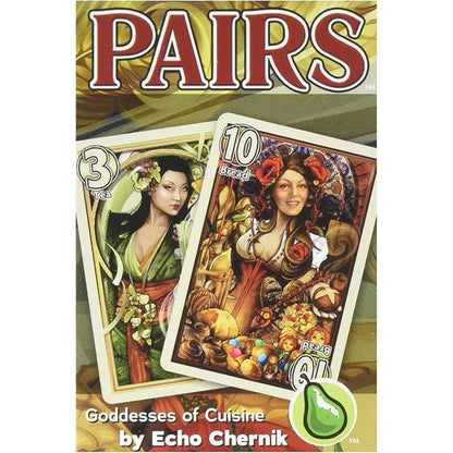 PAIRS card game cover, 'Goddesses of Cuisine' edition. Two cards feature illustrated women: '3 Tea' and '10 Bread' with food
