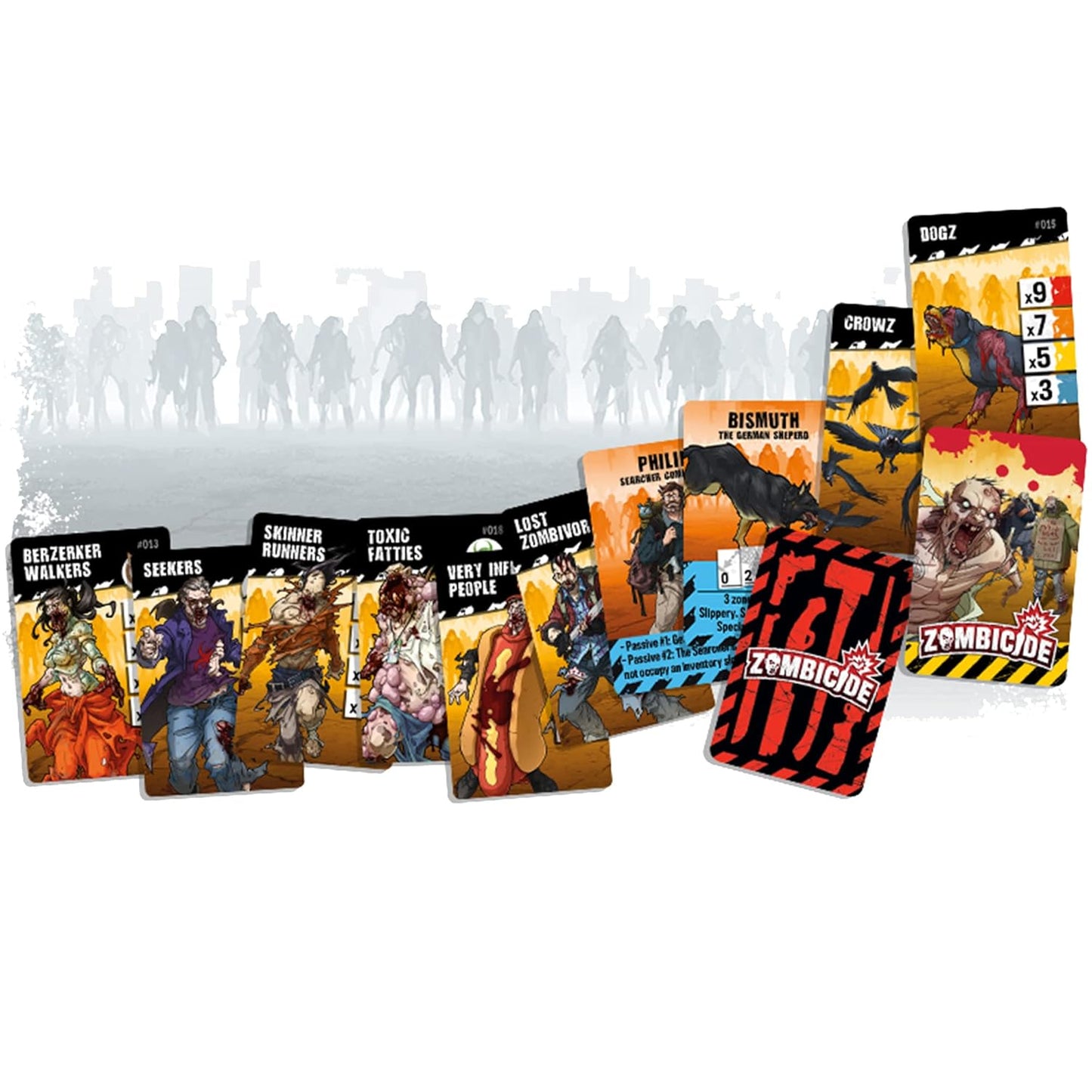 Zombicide board game cards featuring illustrated zombie characters and creatures, fanned out against a blurred zombie crowd background