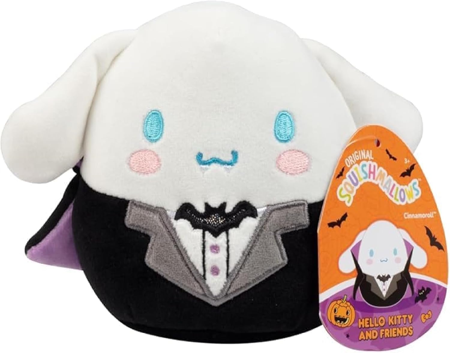 Cinnamoroll Squishmallow plush dressed in a vampire tuxedo and cape, next to the orange product tag
