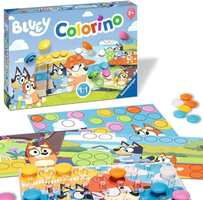 Ravensburger Bluey Colorino game, featuring Bluey characters and colorful sorting pegs