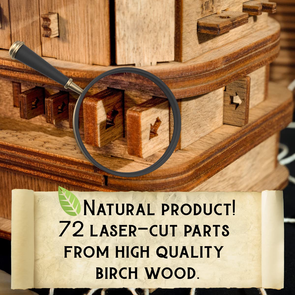 Magnifying glass highlights laser-cut joints and arrow details on a wooden mechanical model