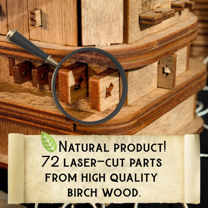 Magnifying glass highlights laser-cut joints and arrow details on a wooden mechanical model