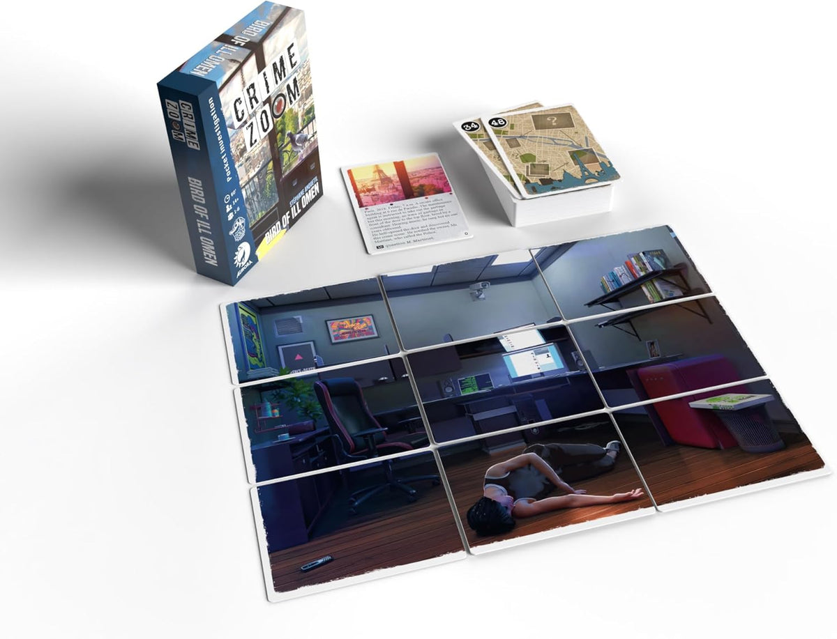 Crime Zoom board game, Bird of Ill Omen edition, with box, cards, and modular tiles showing a body