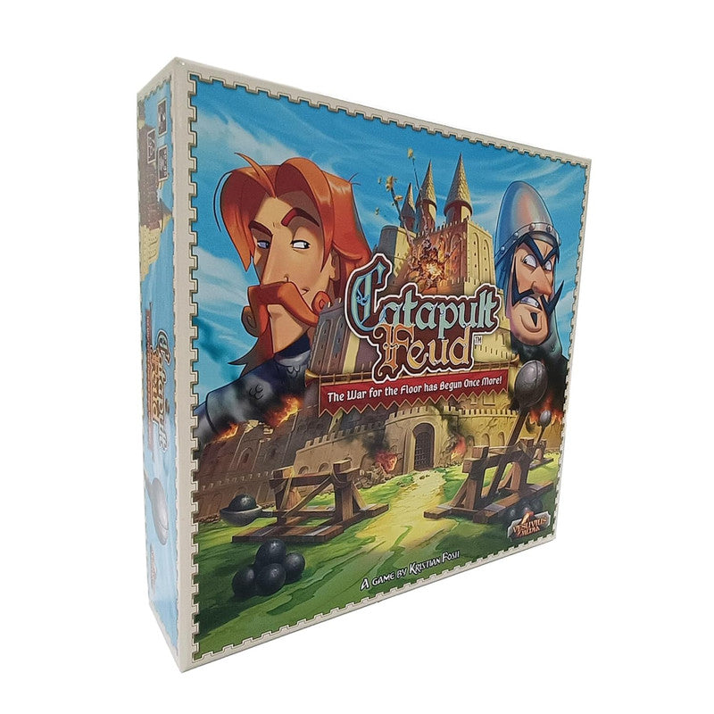 Game cover for Catapult Feud: Two cartoon warriors and catapults attack an exploding castle