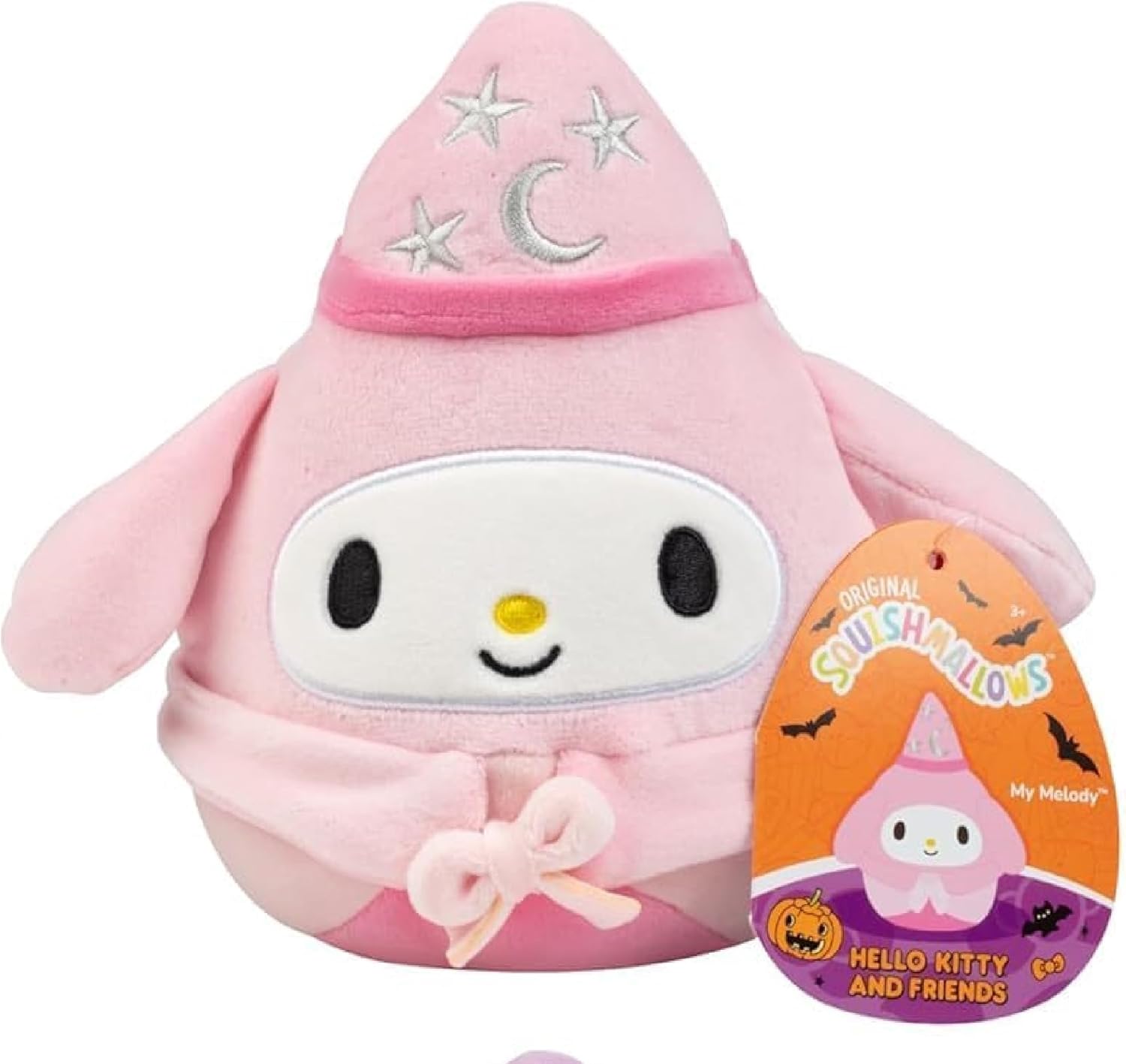 Pink My Melody Squishmallow plush dressed in a wizard costume, featuring a starry pointed hat and robe