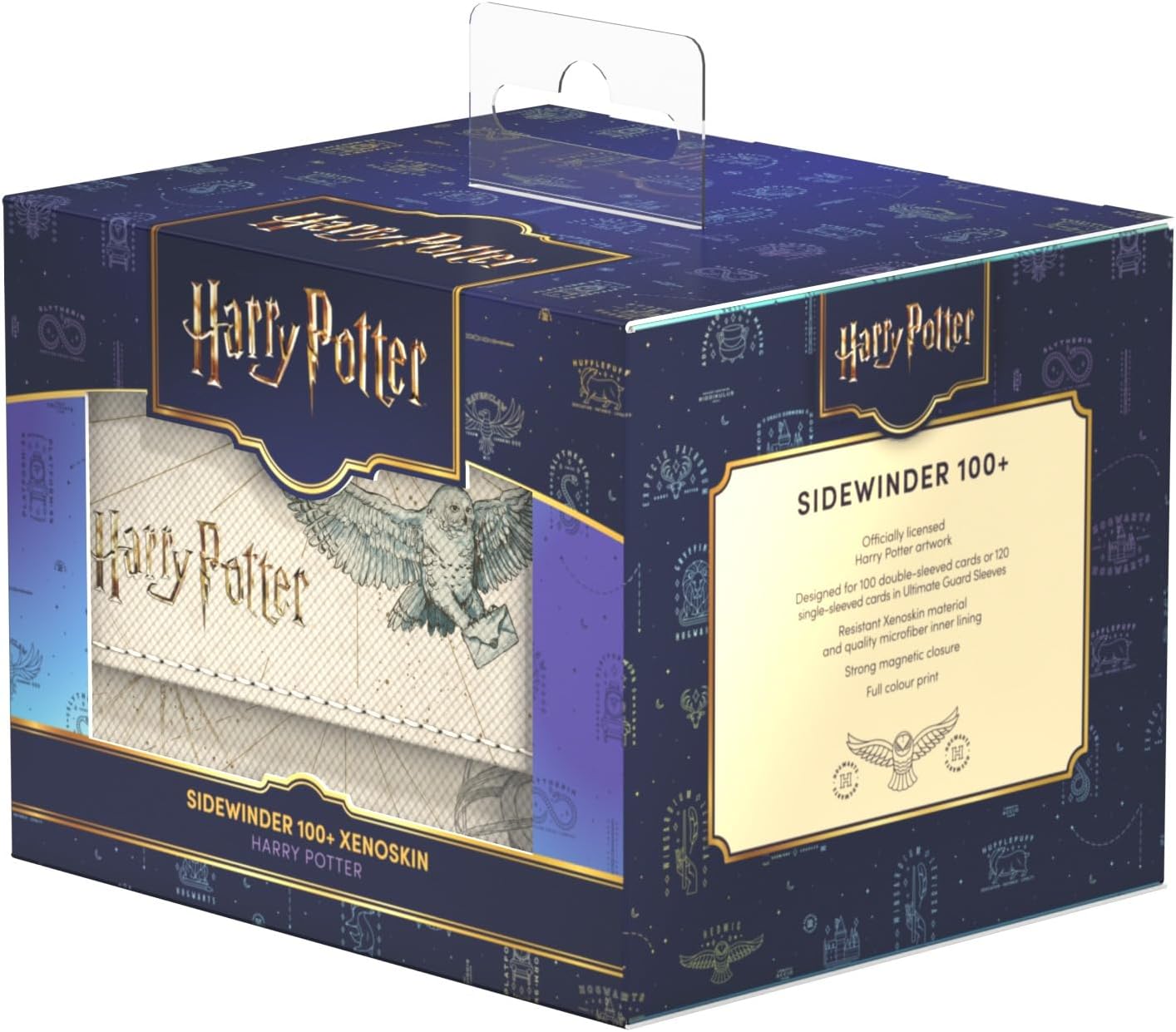 Harry Potter Sidewinder 100+ deck box packaging. The white case features Hedwig the owl flying with a letter