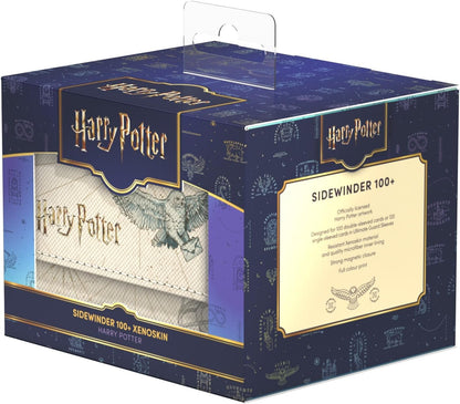Harry Potter Sidewinder 100+ deck box packaging. The white case features Hedwig the owl flying with a letter
