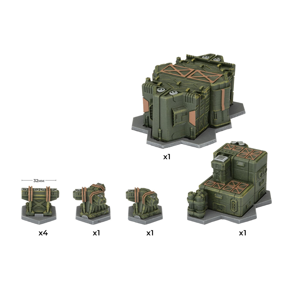 Dark green sci-fi wargame terrain set showing two buildings and three types of smaller obstacles, with counts and scale.