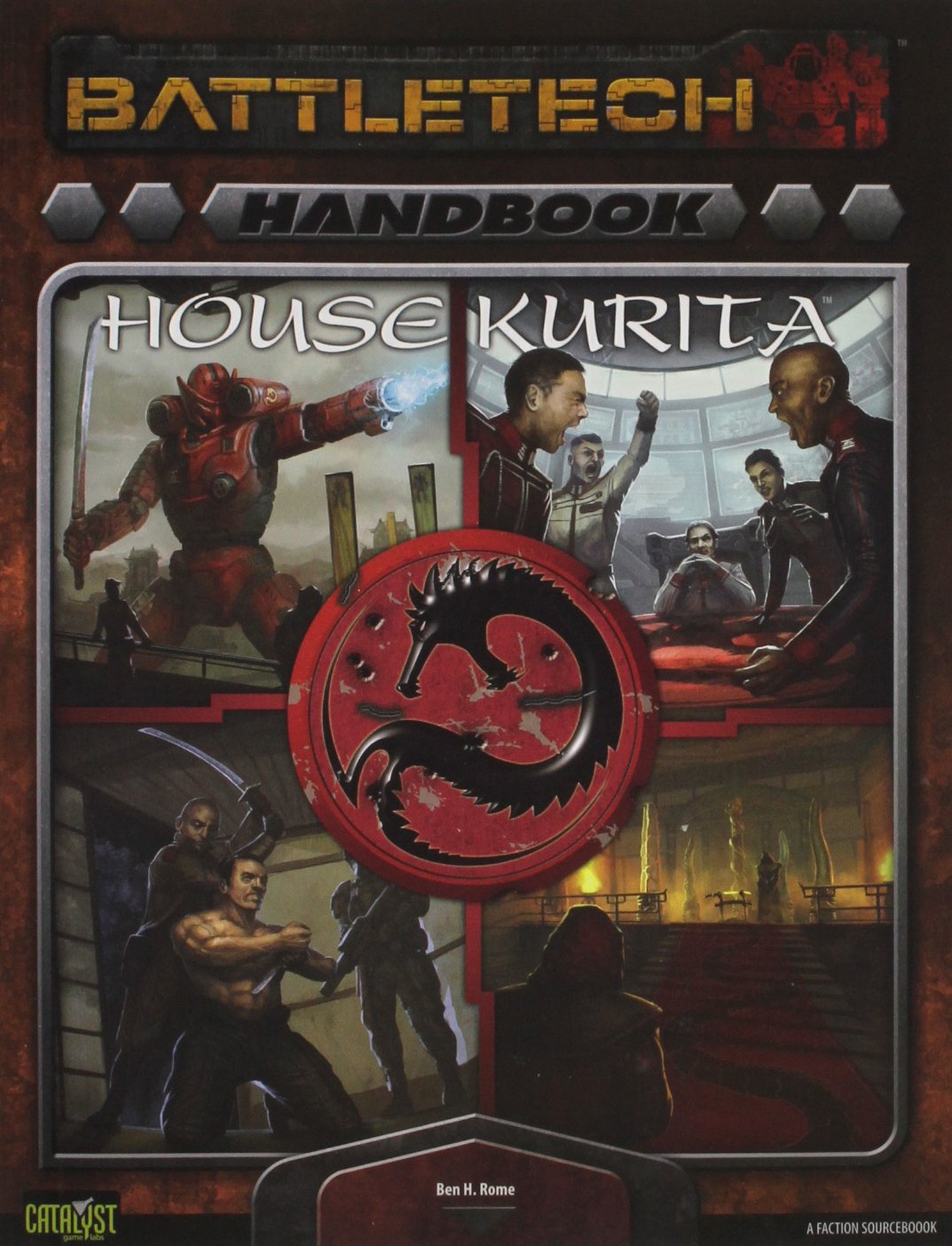 Battletech House Kurita Handbook cover: A red mech, fighting warriors, stern leaders, and a black dragon emblem.