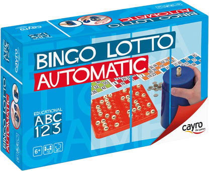 Bingo Lotto Automatic game box, showing a ball dispenser, number board, and calling cards